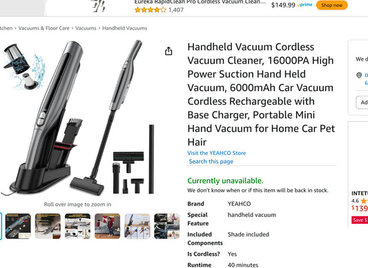 YEAHCO Handheld Vacuum Cordless Vacuum Cleaner, 16000PA High Power Suction Hand Held Vacuum, 6000mAh Car Vacuum Cordless Rechargeable with Base Charger, Portable Mini Hand Vacuum for Home Car Pet Hair (This item cannot be shipped)