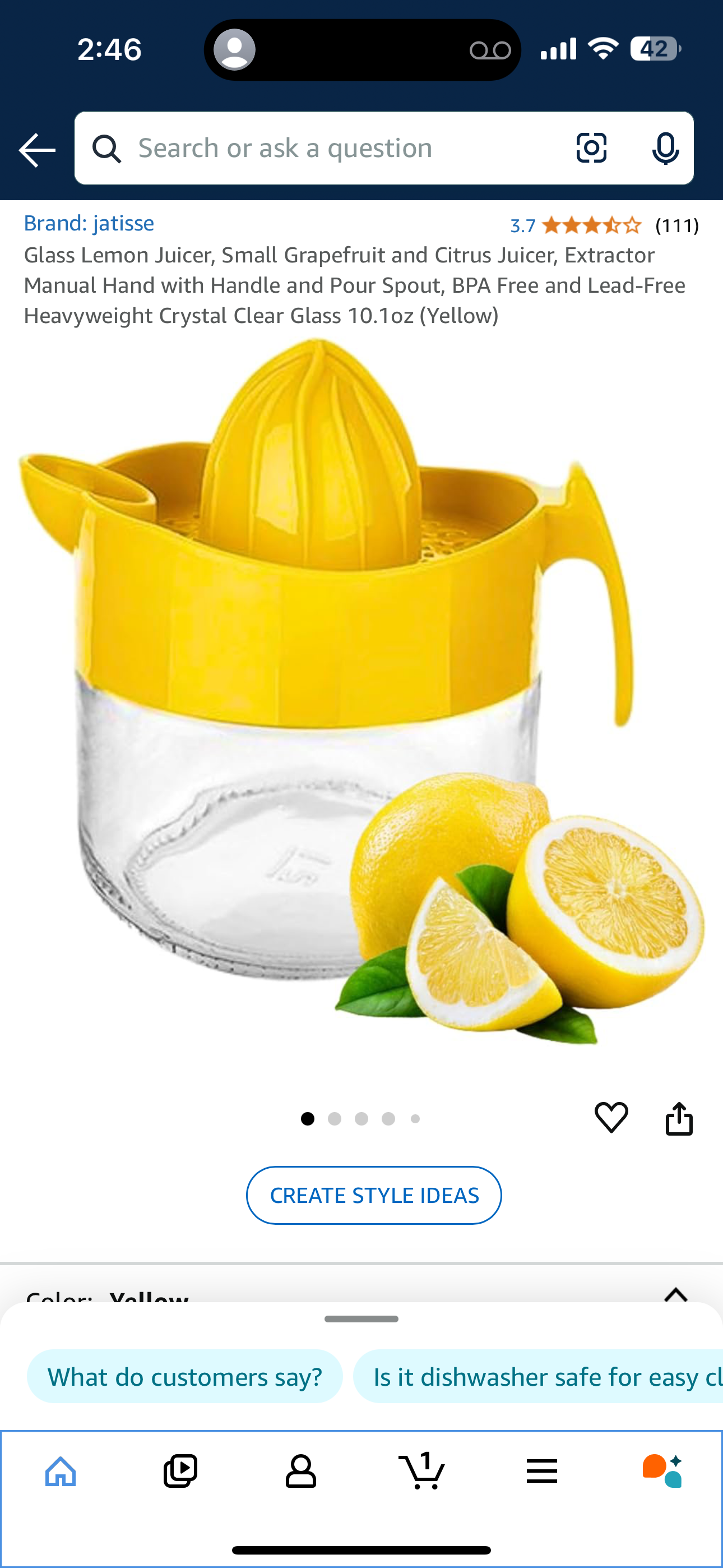 Glass Lemon Juicer, Small Grapefruit and Citrus Juicer, Extractor Manual Hand with Handle and Pour Spout, BPA Free and Lead-Free Heavyweight Crystal Clear Glass 10.1oz (Yellow)