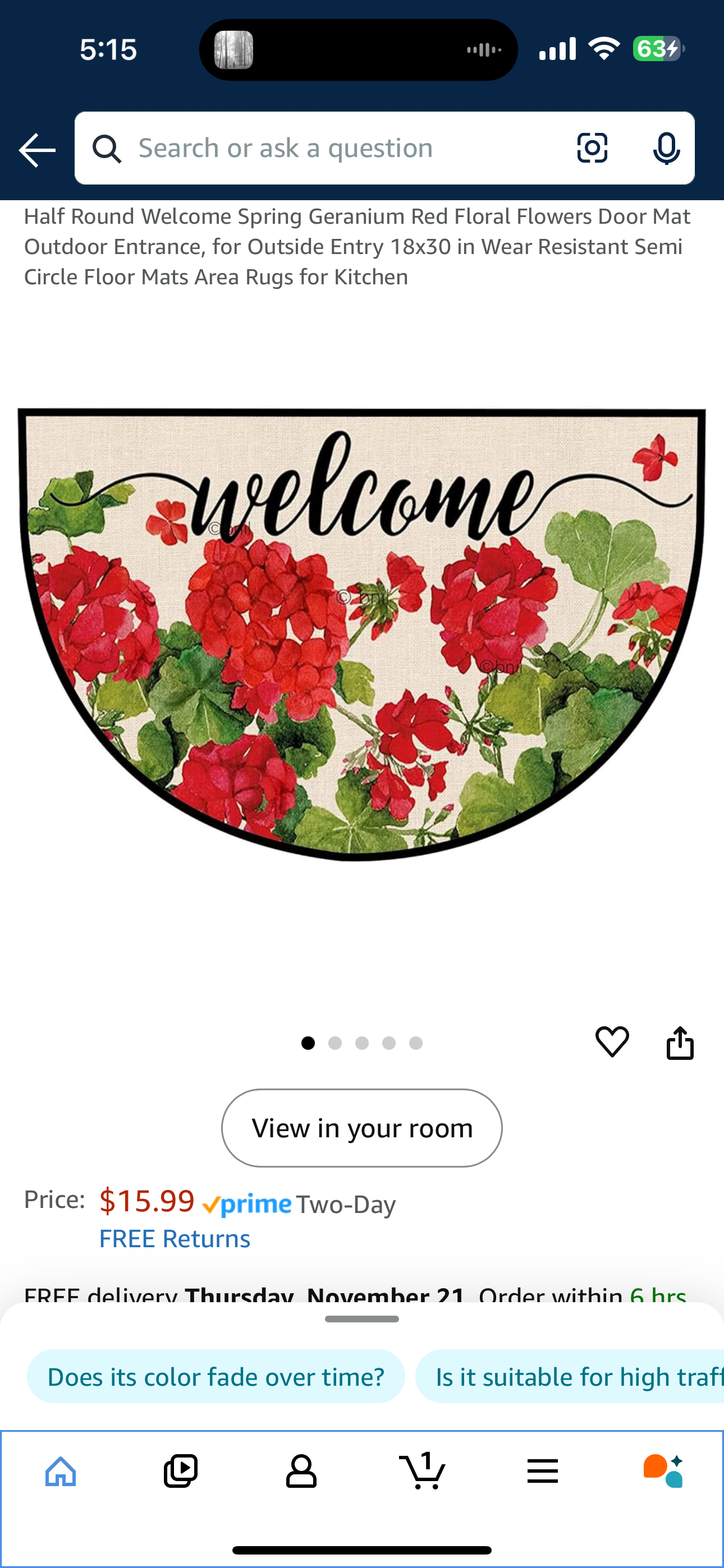 Half Round Welcome Spring Geranium Red Floral Flowers Door Mat Outdoor Entrance, for Outside Entry 18x30 in Wear Resistant Semi Circle Floor Mats Area Rugs for Kitchen