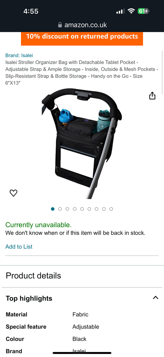 Isalei Stroller Organizer Bag with Detachable Tablet Pocket - Adjustable Strap & Ample Storage - Inside, Outside & Mesh Pockets - Slip-Resistant Strap & Bottle Storage - Handy on the Go - Size 6"X13"