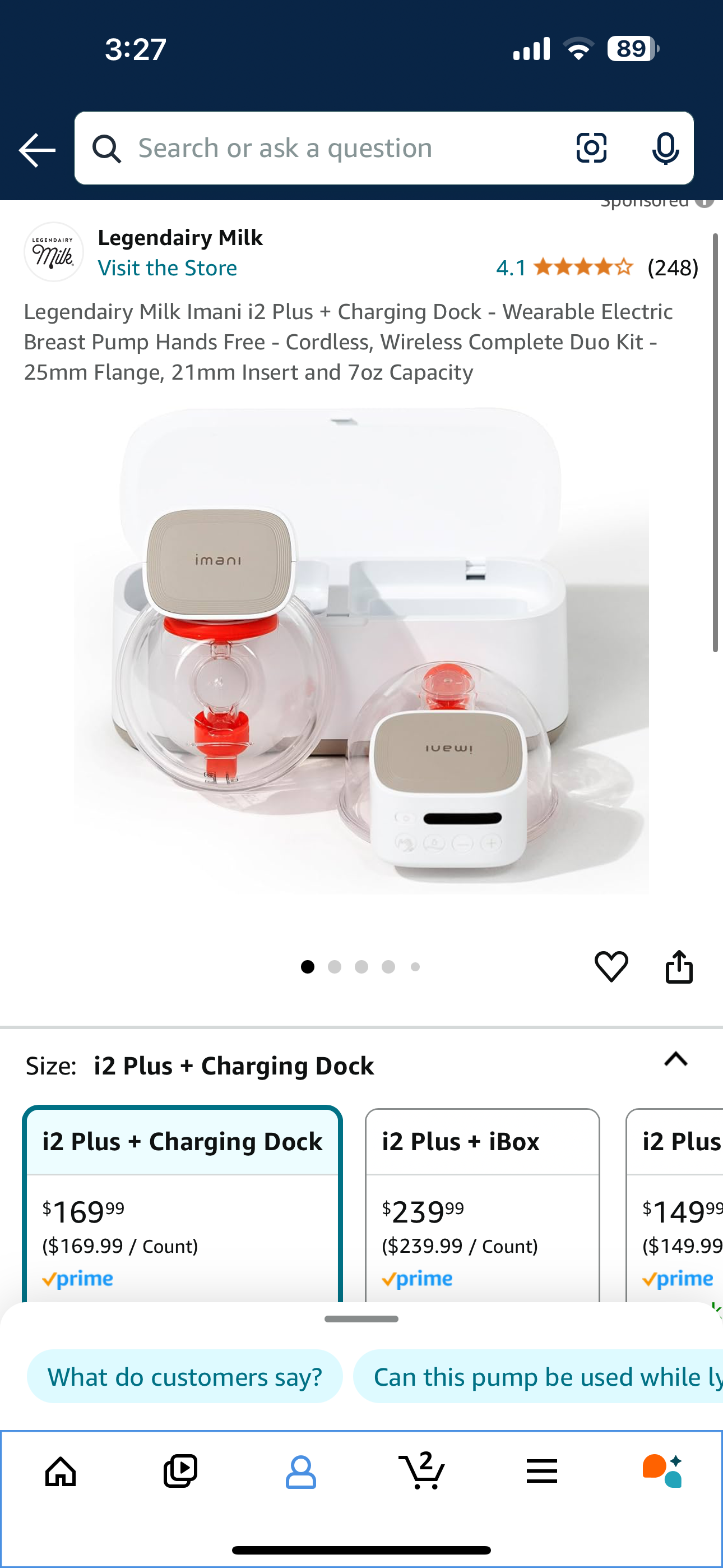 Legendairy Milk Imani i2 Plus + Charging Dock - Wearable Electric Breast Pump Hands Free - Cordless, Wireless Complete Duo Kit - 25mm Flange, 21mm Insert and 7oz Capacity