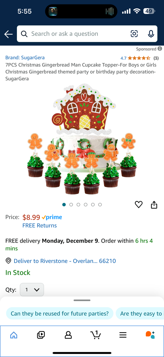 7PCS Christmas Gingerbread Man Cupcake Topper-For Boys or Girls Christmas Gingerbread themed party or birthday party decoration