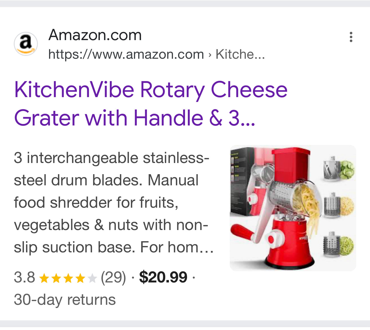 Rotary Cheese Grater with Handle & 3 Interchangeable Stainless-Steel Drum Blades | Manual Food Shredder for Fruits, Vegetables & Nuts with Non-Slip Suction Base | For Home Use