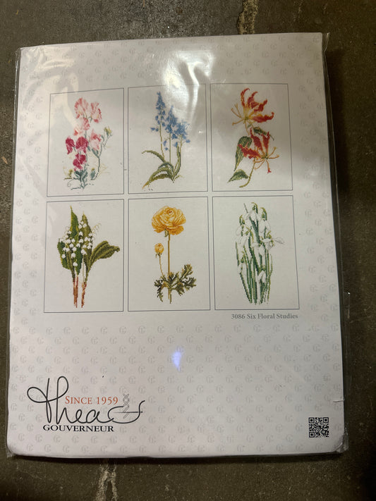 Thea Gouverneur 36 Count Counted Cross Stitch Kit, 6-3/4 by 8-Inch, Floral Studies 3 on Linen, Set of 6