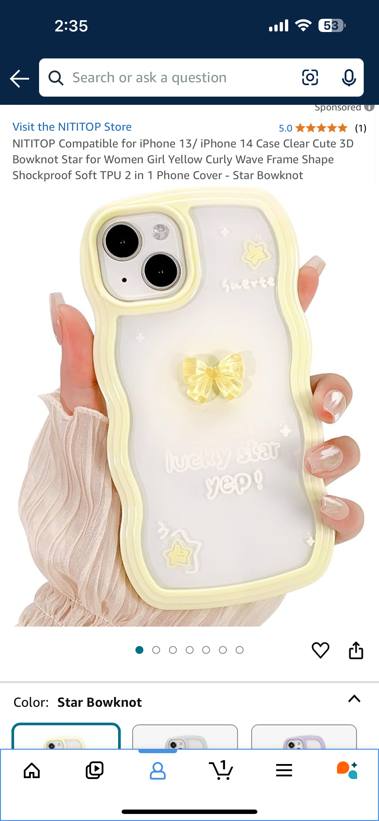 NITITOP Compatible for iPhone 13/ iPhone 14 Case Clear Cute 3D Bowknot Star for Women Girl Yellow Curly Wave Frame Shape Shockproof Soft TPU 2 in 1 Phone Cover - Star Bowknot