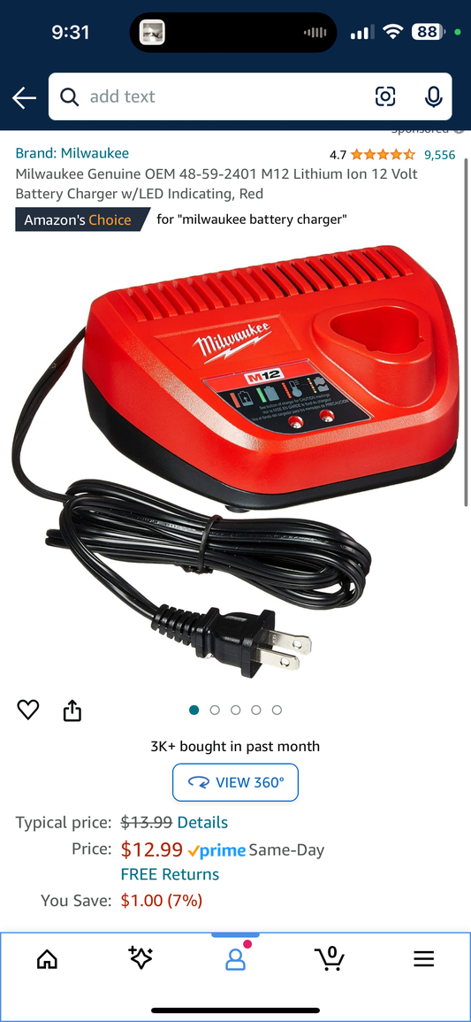 Milwaukee Genuine OEM 48-59-2401 M12 Lithium Ion 12 Volt Battery Charger w/LED Indicating, Red