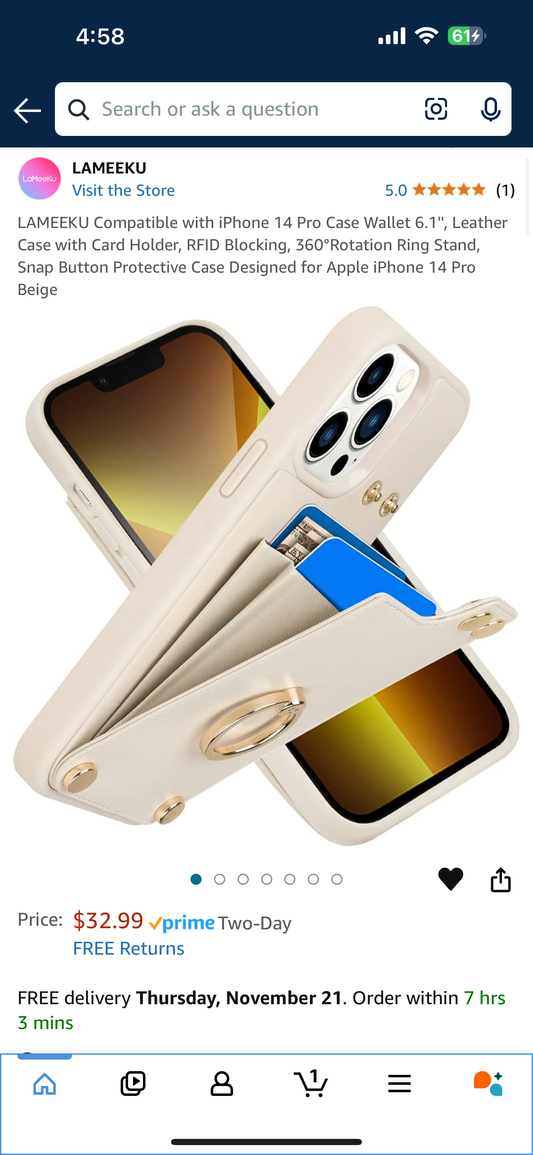 LAMEEKU Compatible with iPhone 14 Pro Case Wallet 6.1'', Leather Case with Card Holder, RFID Blocking, 360°Rotation Ring Stand, Snap Button Protective Case Designed for Apple iPhone 14 Pro Beige (Comes in a nice gift box)