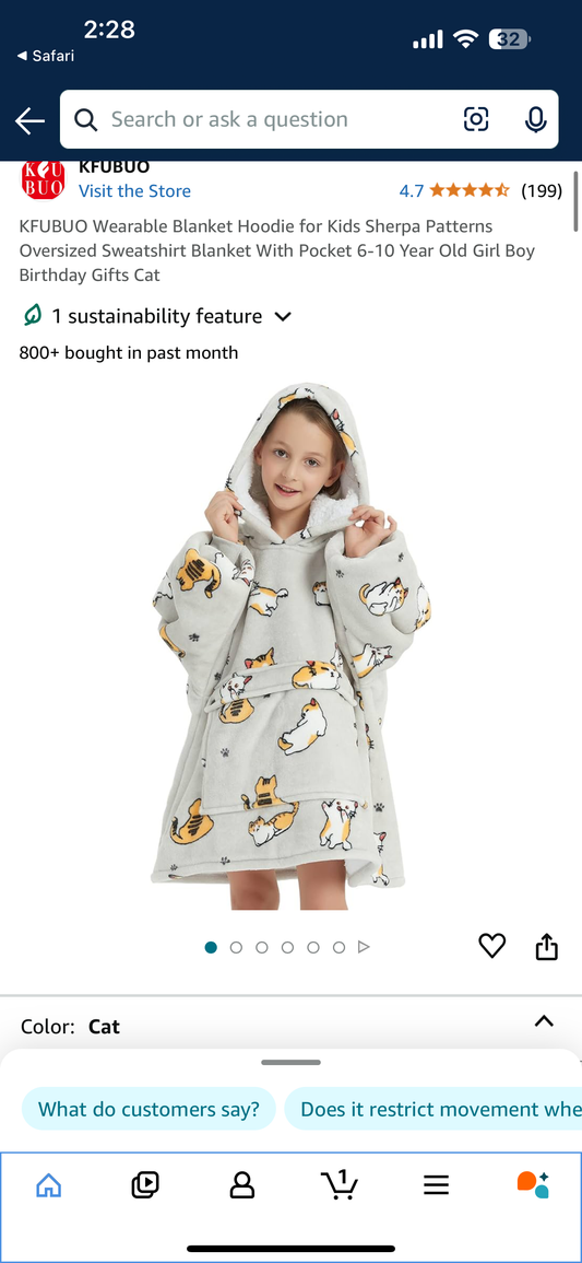 Wearable Blanket Hoodie for Kids Sherpa Patterns Oversized Sweatshirt Blanket With Pocket 6-10 Year Old Girl Boy Birthday Gifts Cat