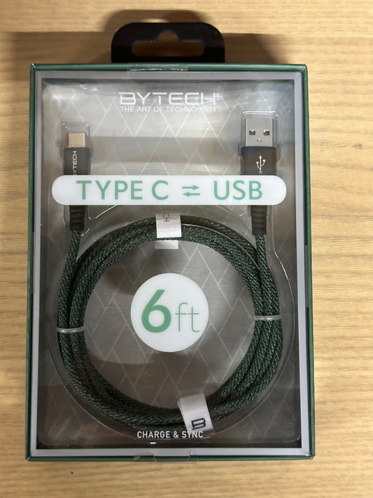 ByTech Braided 6-Foot USB-A to USB-C Cable (Green)