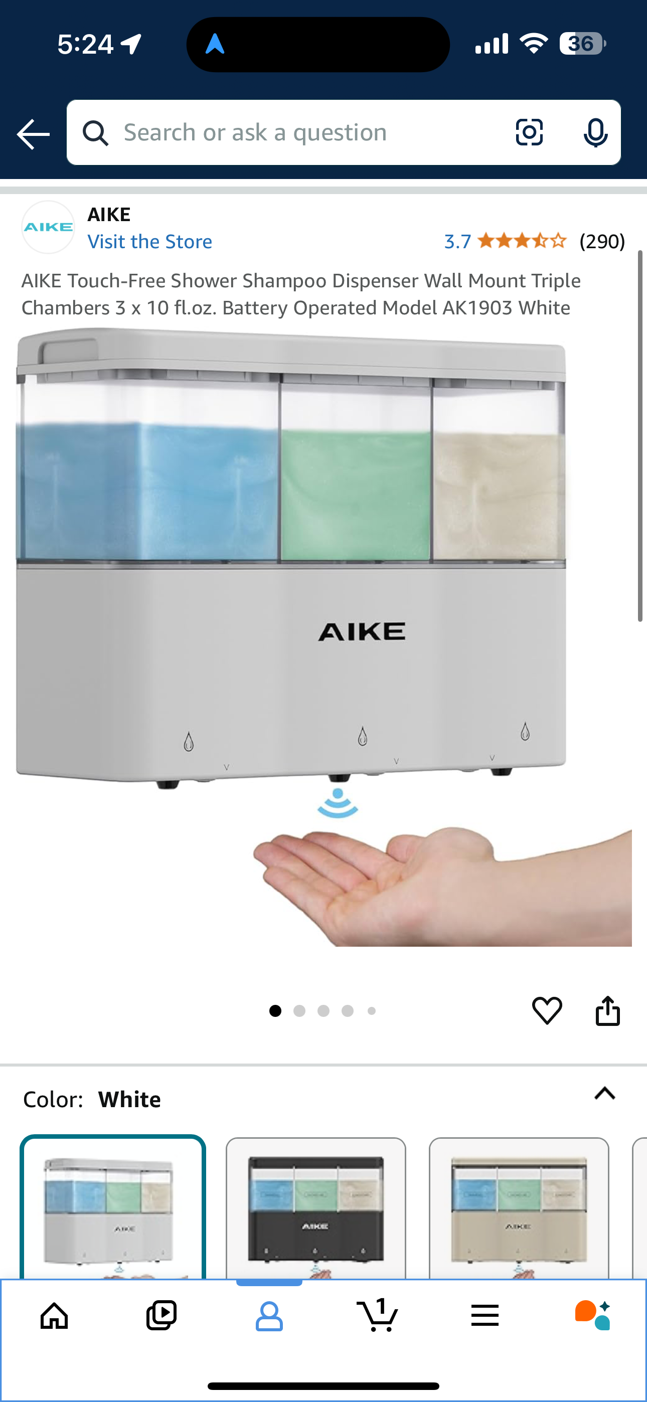 AIKE Touch-Free Shower Shampoo Dispenser Wall Mount Triple Chambers 3 x 10 fl.oz. Battery Operated Model AK1903 White