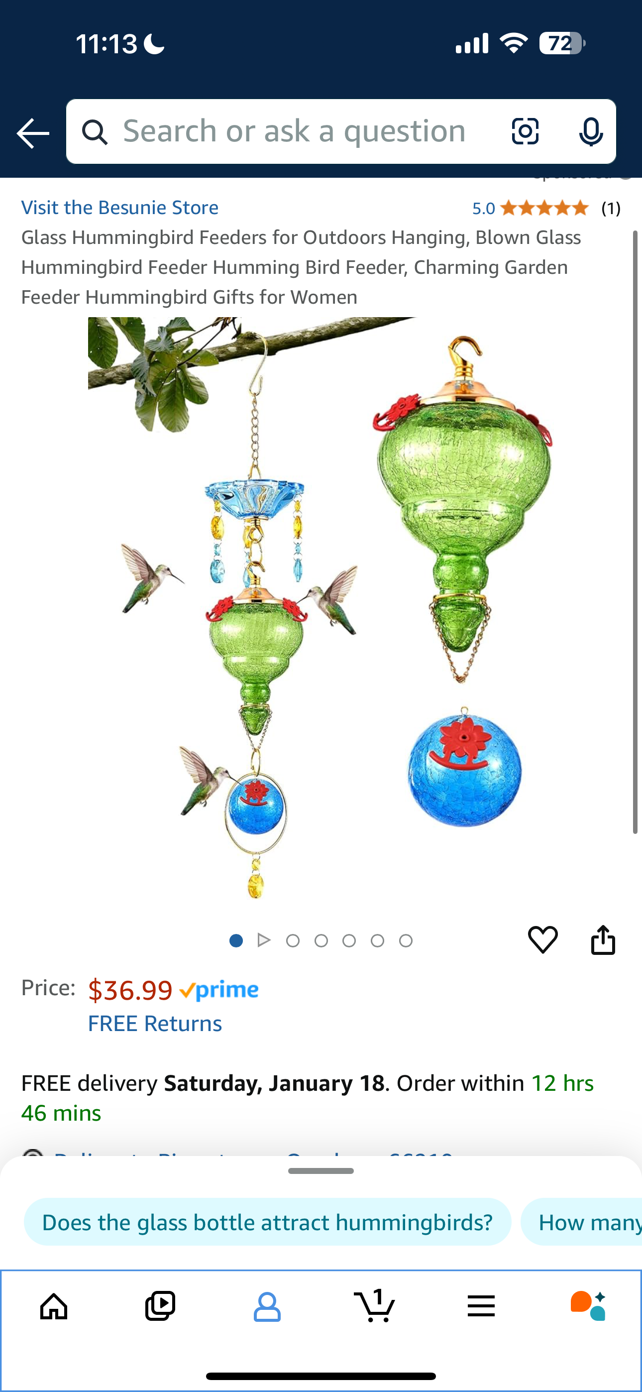 Glass Hummingbird Feeders for Outdoors Hanging, Blown Glass Hummingbird Feeder Humming Bird Feeder, Charming Garden Feeder Hummingbird Gifts for Women