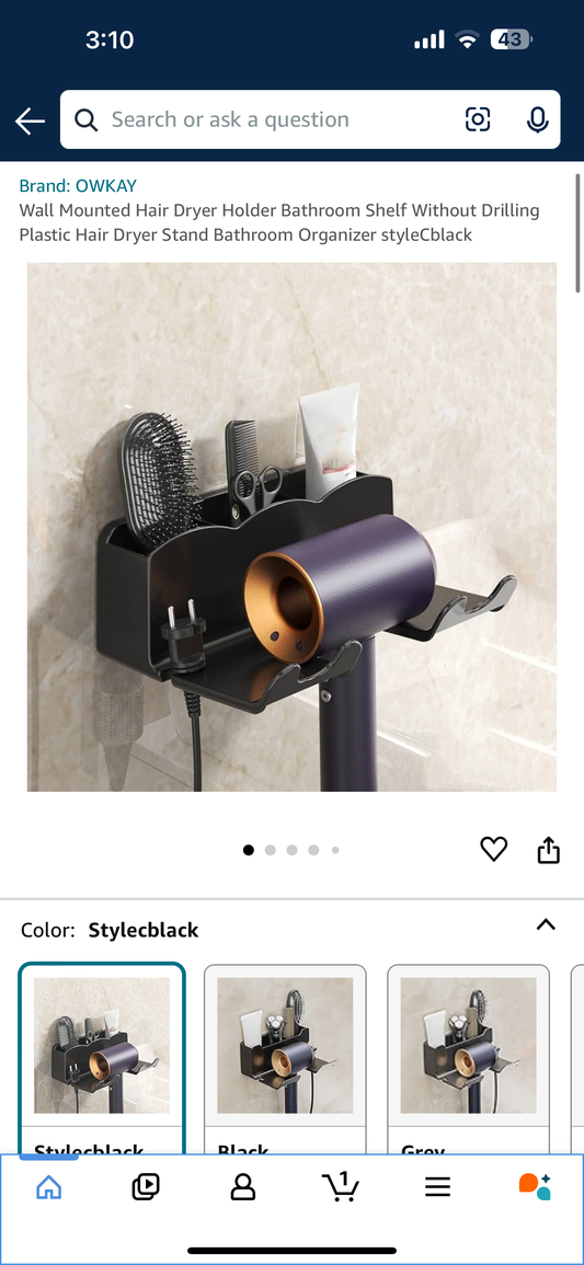 Wall Mounted Hair Dryer Holder With Storage (Comes With Strips To Mount It)