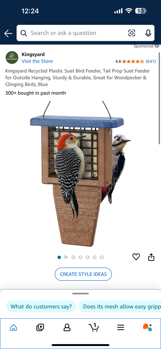 Kingsyard Recycled Plastic Suet Bird Feeder, Tail Prop Suet Feeder for Outside Hanging, Sturdy & Durable, Great for Woodpecker & Clinging Birds, Blue