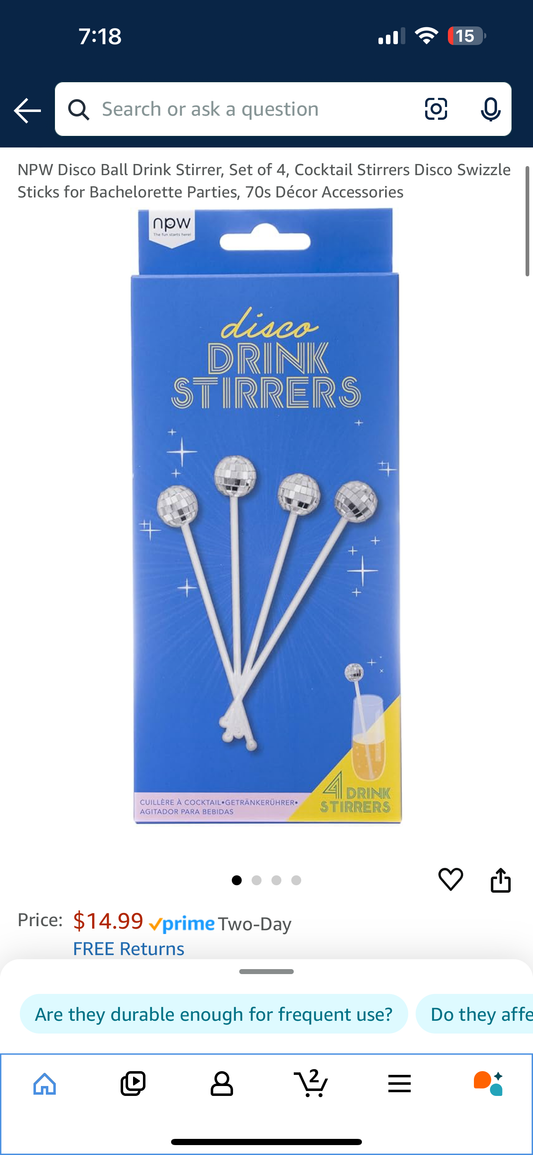 NPW Disco Ball Drink Stirrer, Set of 4, Cocktail Stirrers Disco Swizzle Sticks for Bachelorette Parties, 70s Décor Accessories