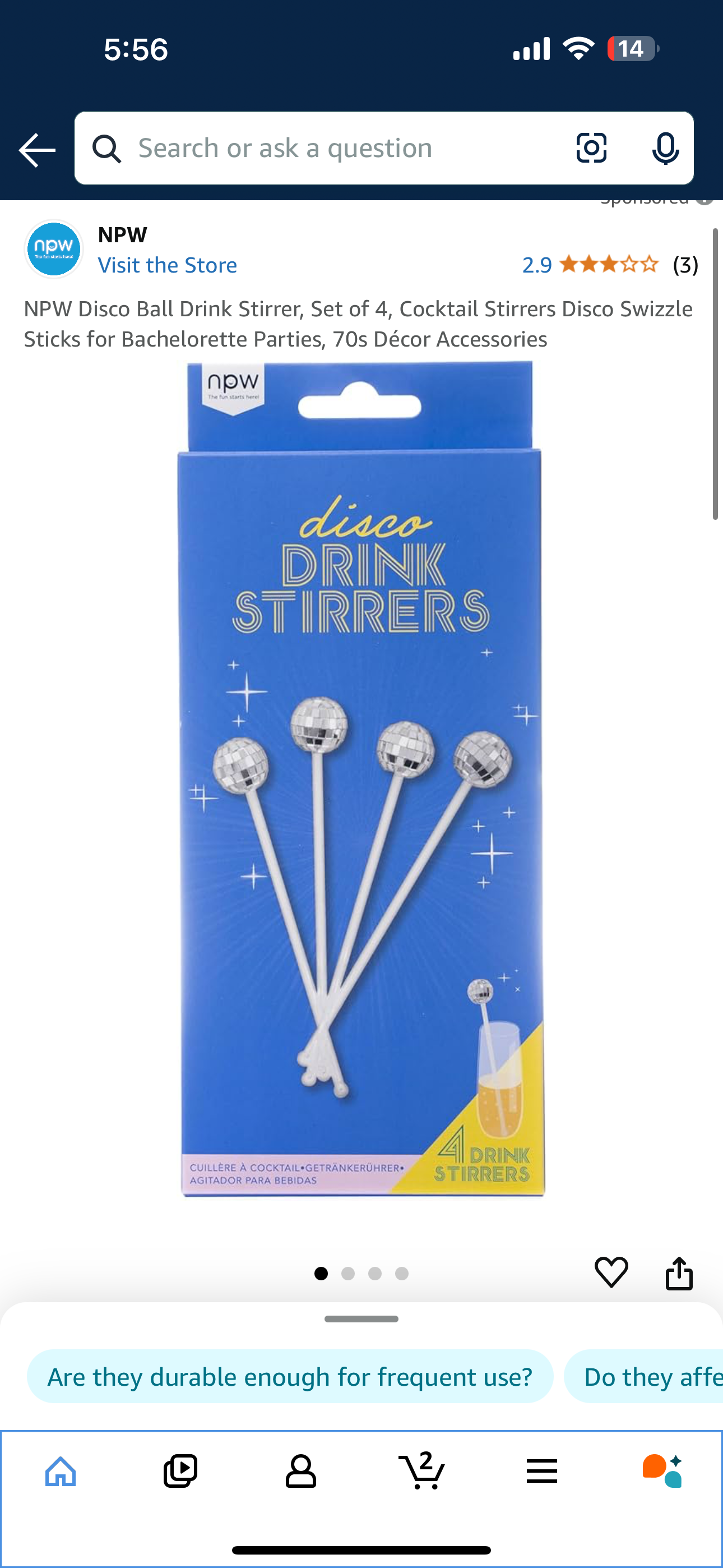 NPW Disco Ball Drink Stirrer, Set of 4, Cocktail Stirrers Disco Swizzle Sticks for Bachelorette Parties, 70s Décor Accessories