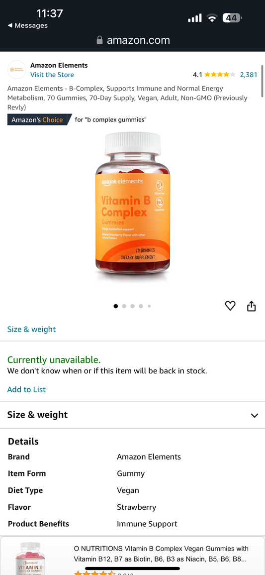 Amazon Elements B Complex Vitamin Gummies (70 Count) Not Melted and Expire 11/25