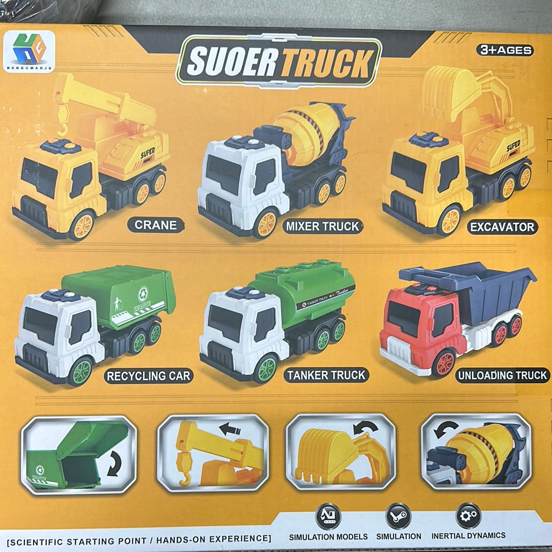 6 Pack Pullback City Builder Toy Construction Play Vehicles for Kids - Dump Truck, Cement Mixer, Garbage Truck, Excavator, Inertial Dynamics