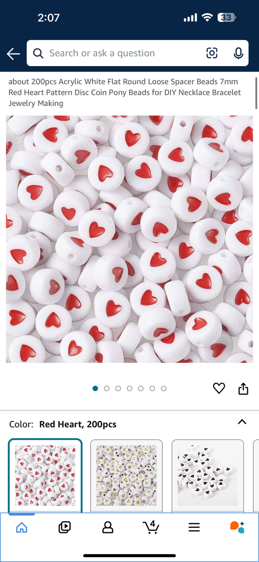 100-Pack Acrylic White Flat Round Loose Spacer Beads 7mm Red Heart Pattern Disc Coin Pony Beads for DIY Necklace Bracelet Jewelry Making