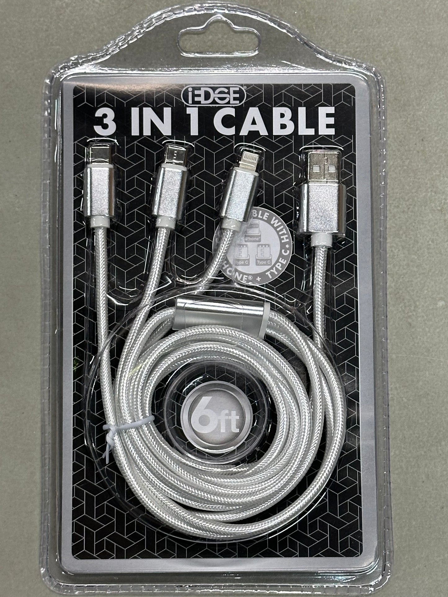 3-in-1 Charging Cable - 6 Feet, One lightning and two USB-C Connectors (White)