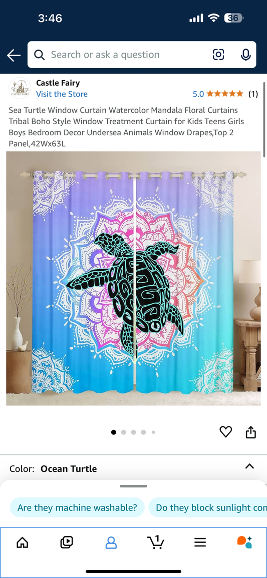 Sea Turtle Window Curtain Watercolor Mandala Floral Curtains Tribal Boho Style Window Treatment Curtain for Kids Teens Girls Boys Bedroom Decor Undersea Animals Window Drapes,Top 2 Panel,42Wx63L