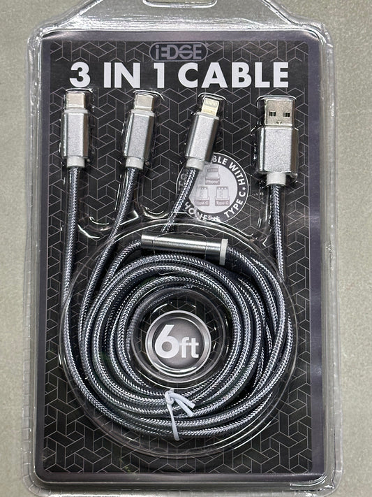 3-in-1 Charging Cable - 6 Feet, One lightning and two USB-C Connectors (Gray)