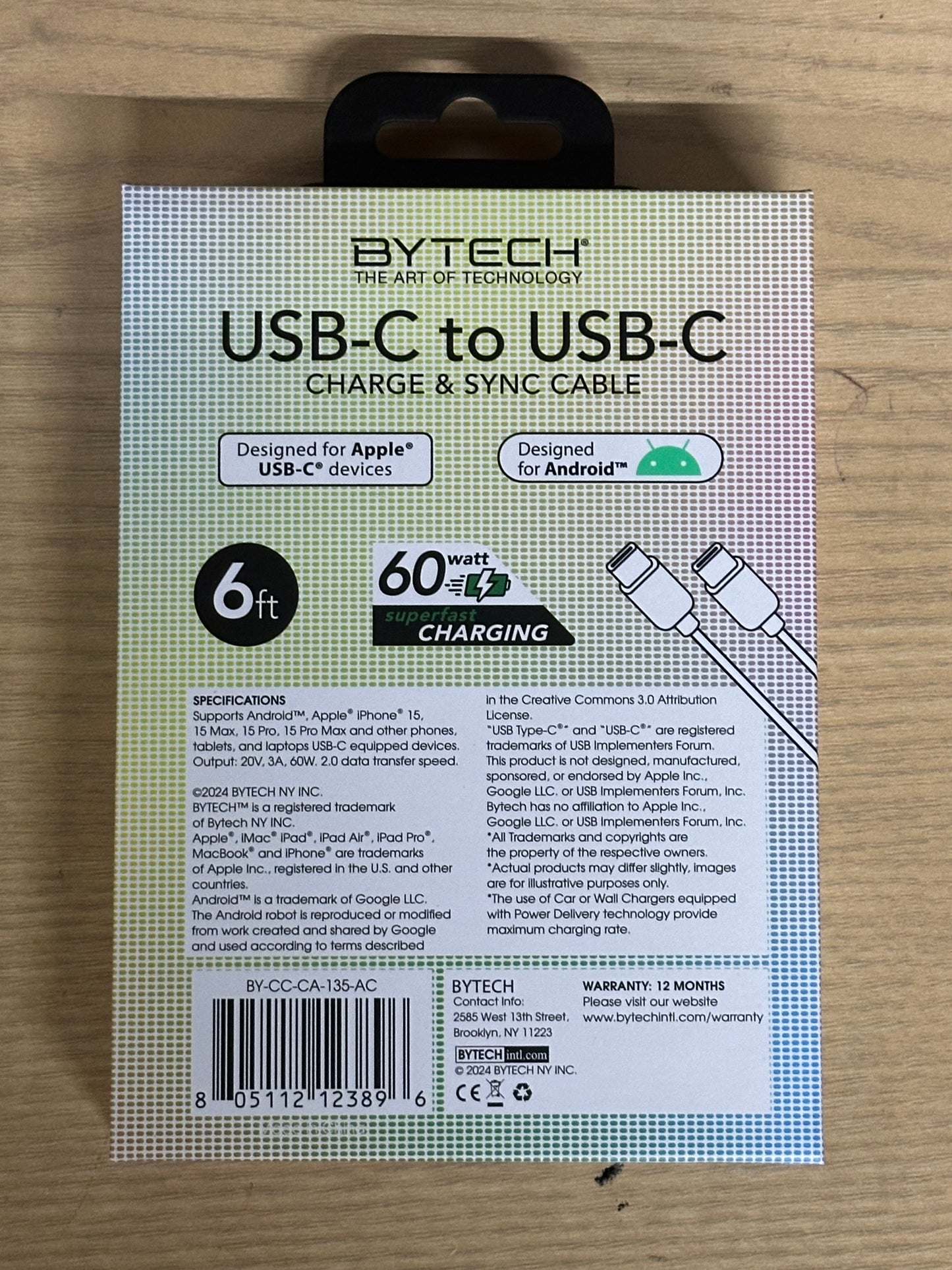 Bytech USB-A to USB-C 60W, 6 Foot Cable (Shimmery White)