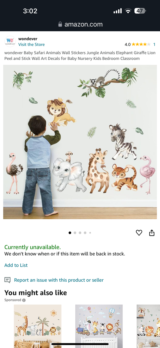 wondever Baby Safari Animals Wall Stickers Jungle Animals Elephant Giraffe Lion Peel and Stick Wall Art Decals for Baby Nursery Kids Bedroom Classroom