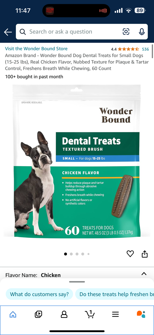 Amazon Brand - Wonder Bound Dog Dental Treats for Small Dogs (15-25 lbs), Real Chicken Flavor, Nubbed Texture for Plaque & Tartar Control, Freshens Breath While Chewing, 60 Count