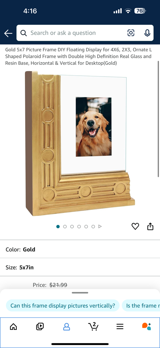 Gold 5x7 Picture Frame DIY Floating Display for 4X6, 2X3, Ornate L Shaped Polaroid Frame with Double High Definition Real Glass and Resin Base, Horizontal & Vertical for Desktop(Gold)