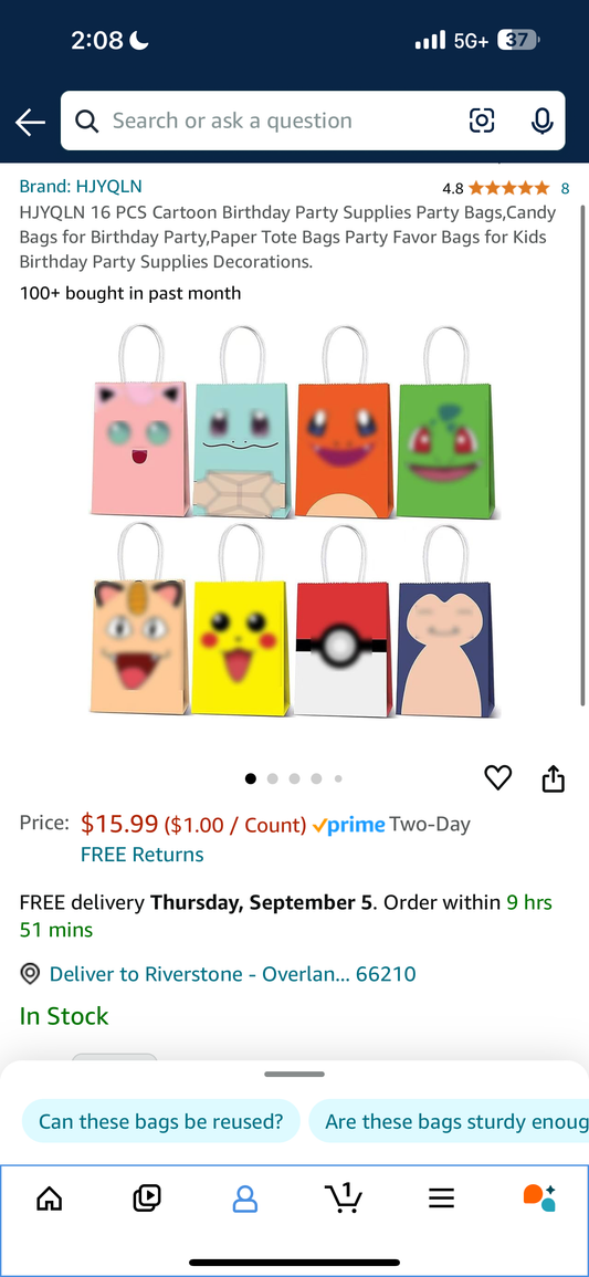 24 PCs Pokemon Party/Trick or Treat Bags