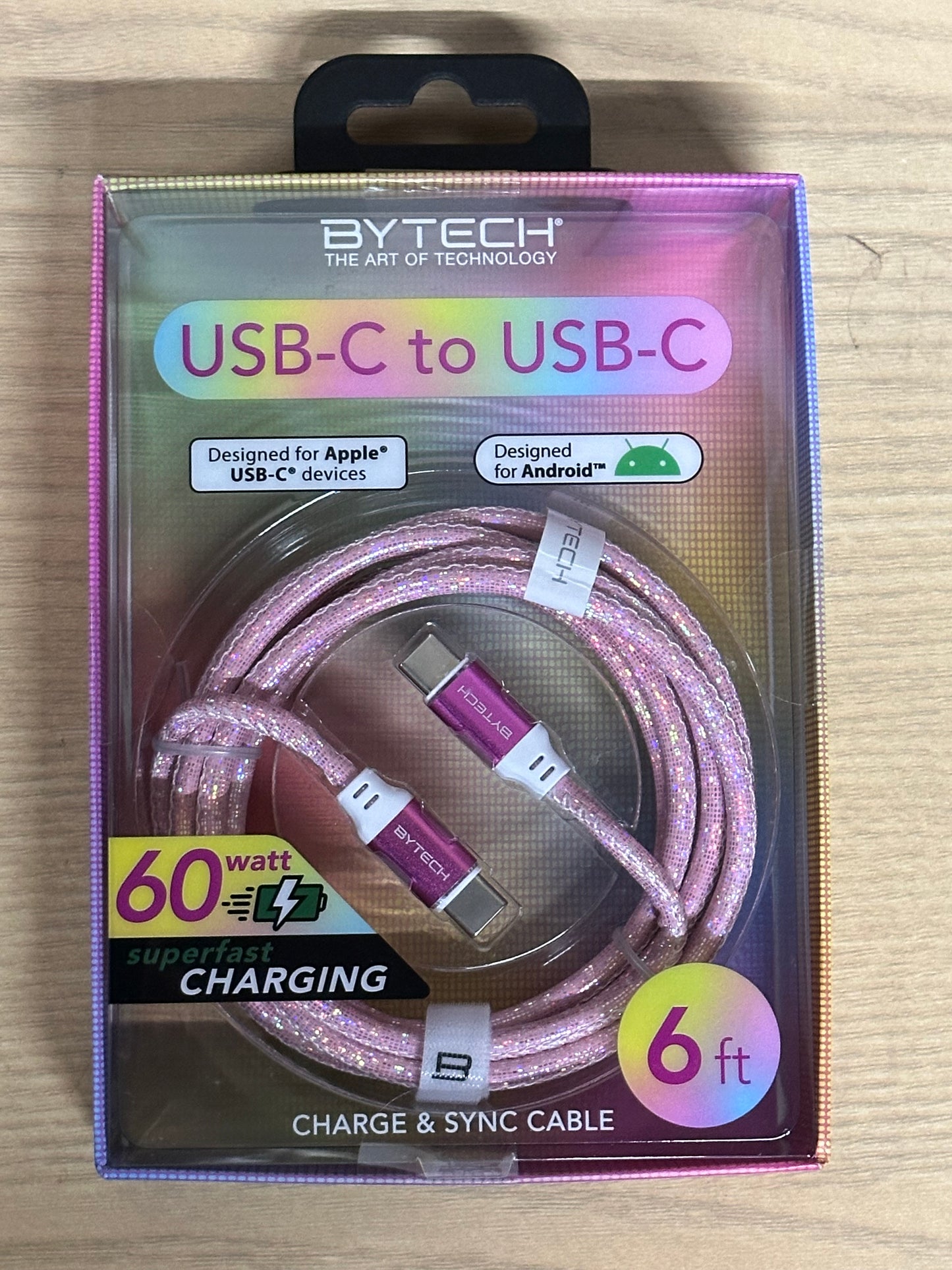 Bytech USB-A to USB-C 60W, 6 Foot Cable (Shimmery Pink)