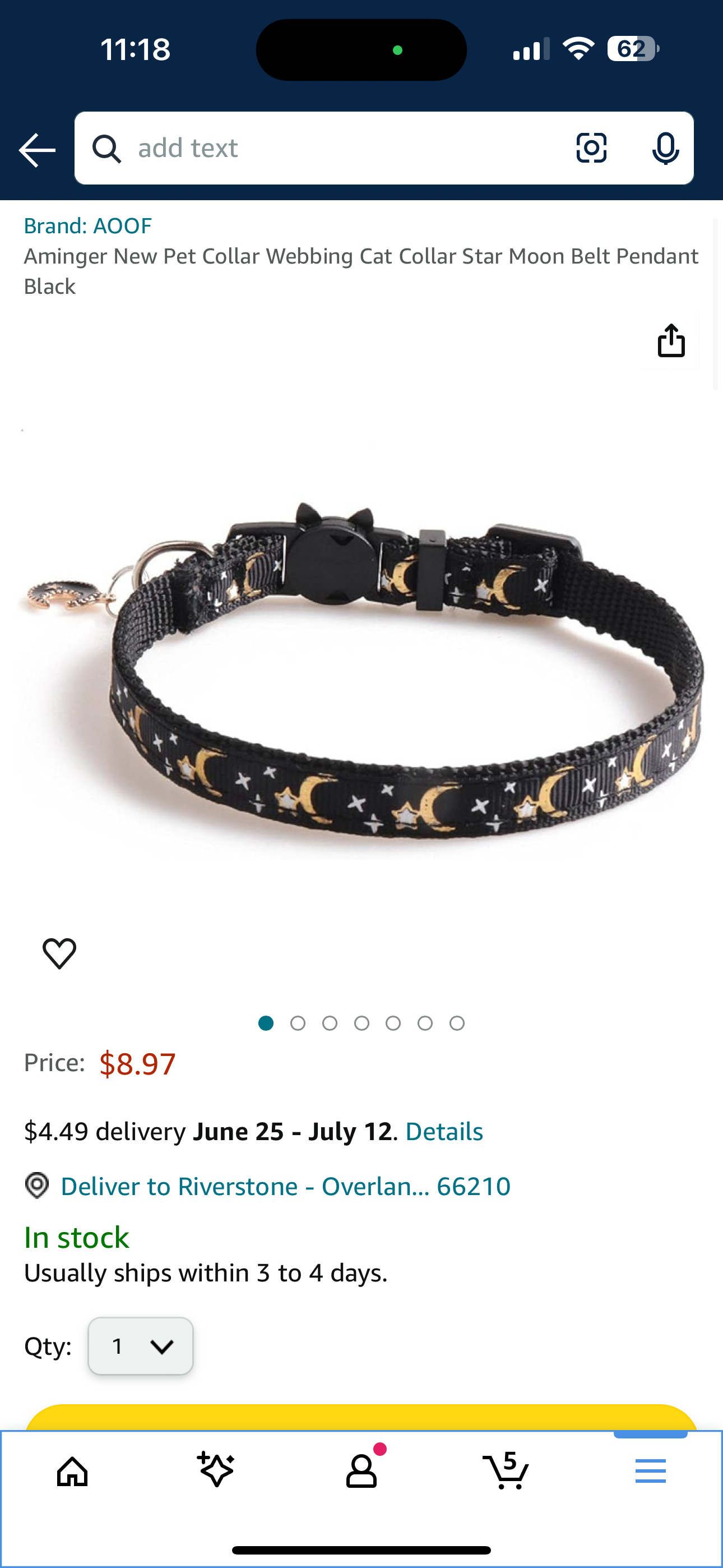 Aminger New Pet Collar Webbing Cat Collar Star Moon Belt Pendant Black