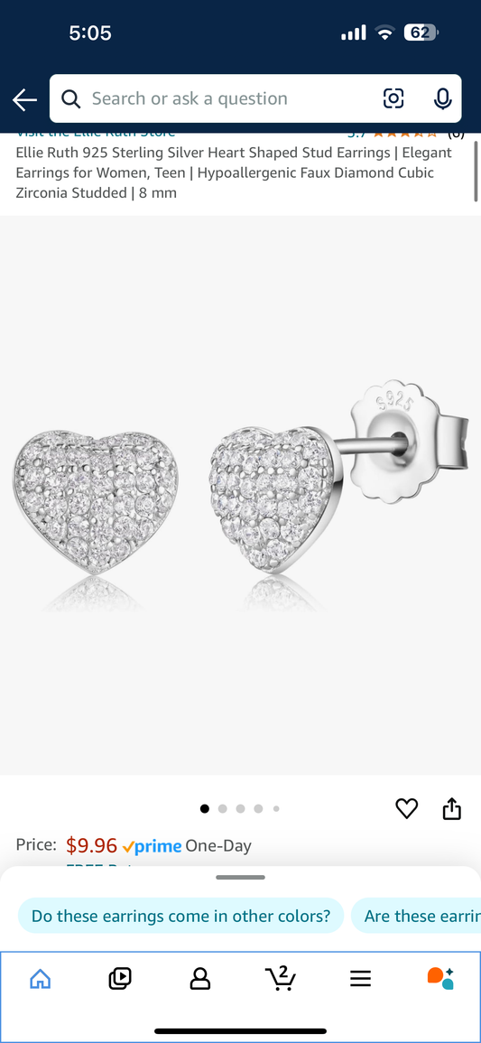 Ellie Ruth 925 Sterling Silver Heart Shaped Stud Earrings | Elegant Earrings for Women, Teen | Hypoallergenic Faux Diamond Cubic Zirconia Studded | 8 mm