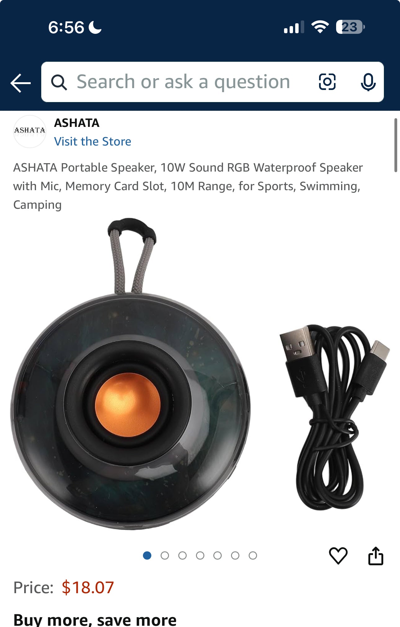 ASHATA Portable Speaker, 10W Sound RGB Waterproof Speaker with Mic, Memory Card Slot, 10M Range, for Sports, Swimming, Camping