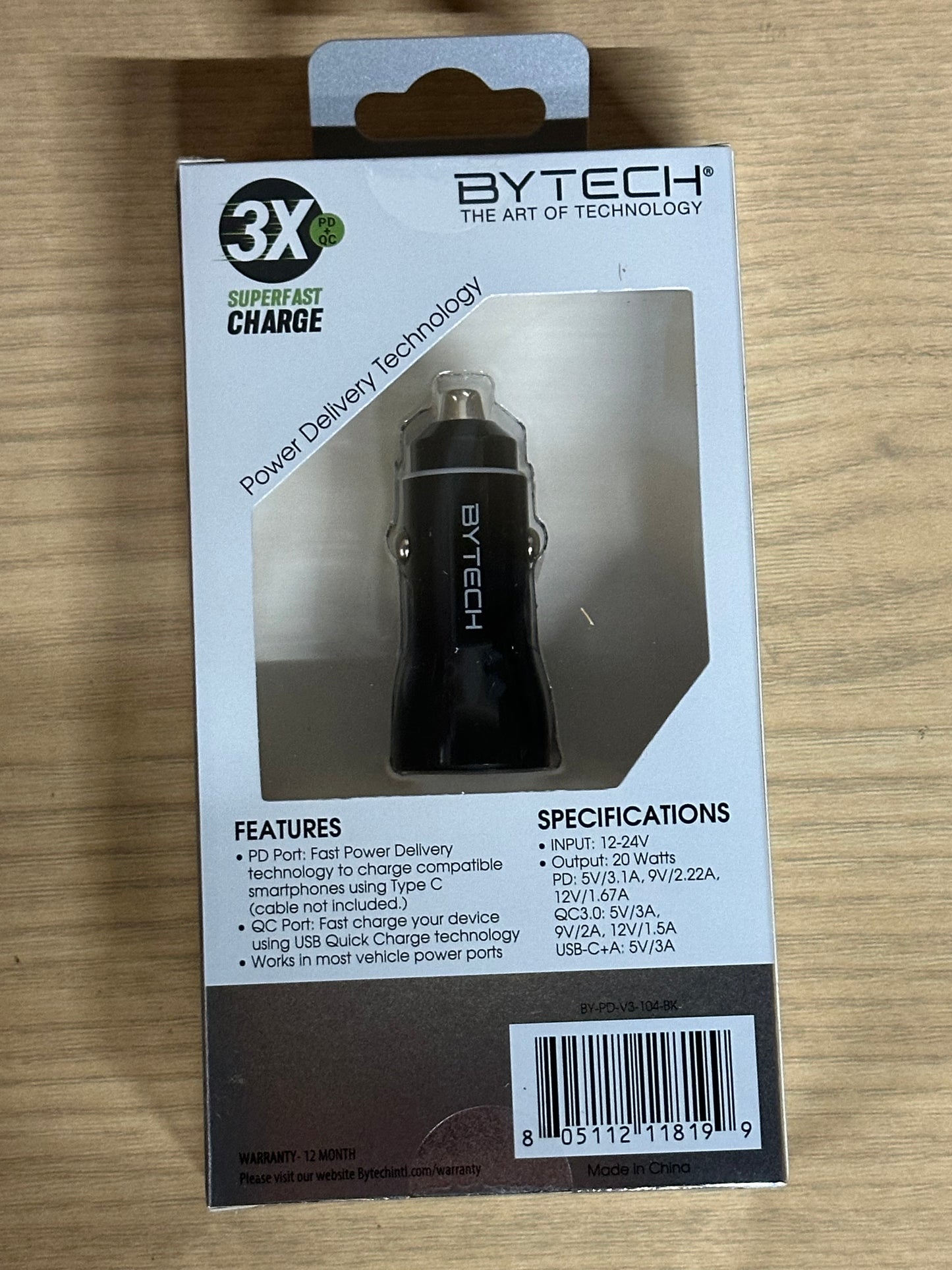 Bytech 20W Car Charger USB-A and USB-C, Black