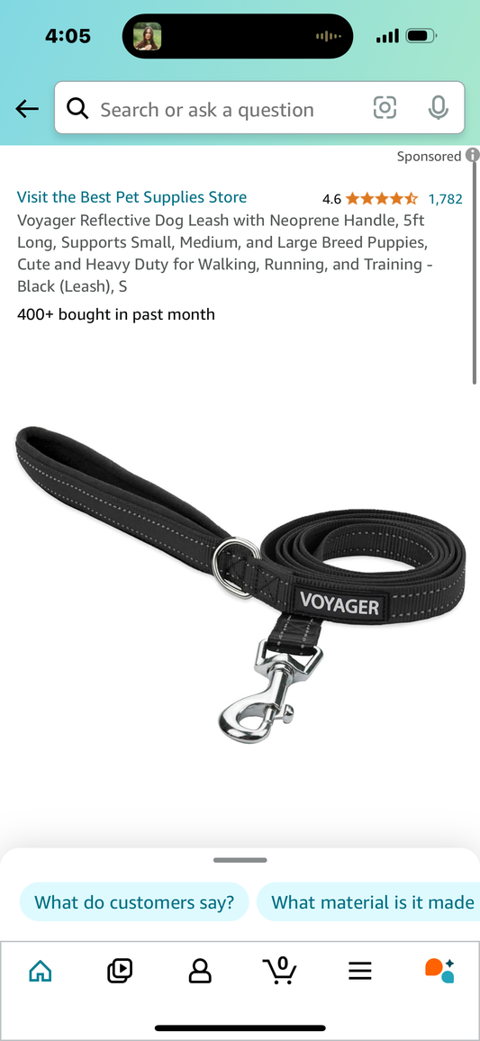 Voyager Reflective Dog Leash with Neoprene Handle, 5ft Long, Supports Small, Medium, and Large Breed Puppies, Cute and Heavy Duty for Walking, Running, and Training - Black (Leash), S