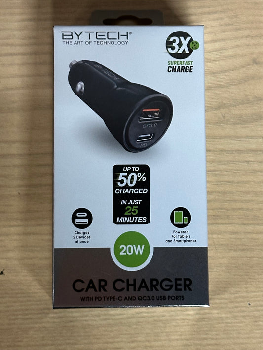 Bytech 20W Car Charger USB-A and USB-C, Black