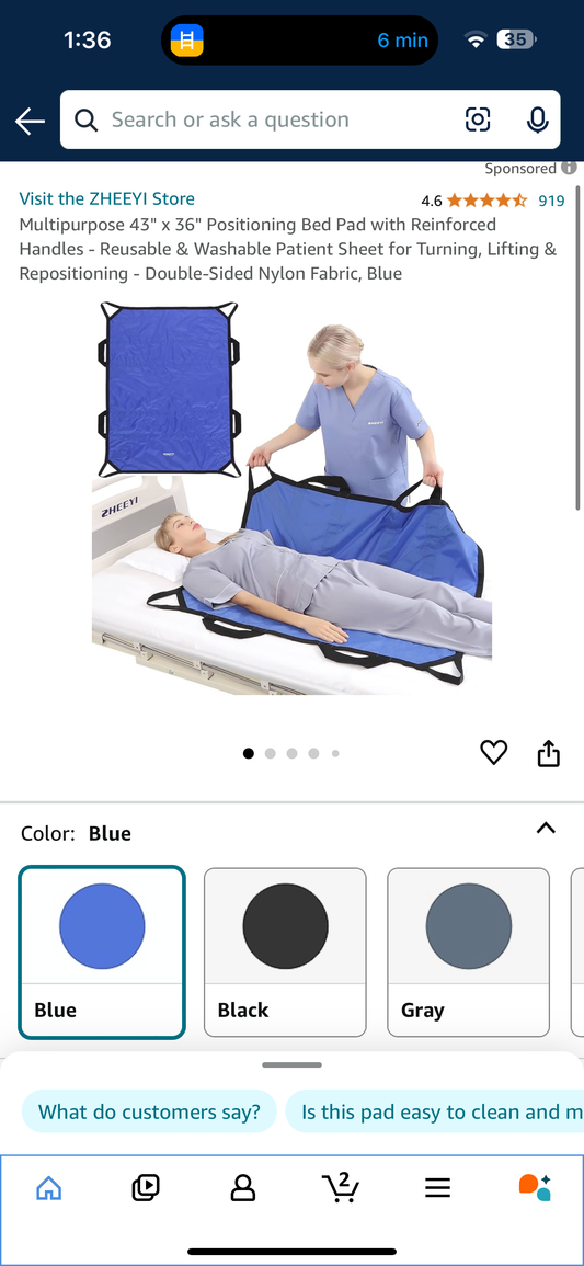 Multipurpose 43" x 36" Positioning Bed Pad with Reinforced Handles - Reusable & Washable Patient Sheet for Turning, Lifting & Repositioning - Double-Sided Nylon Fabric, Blue