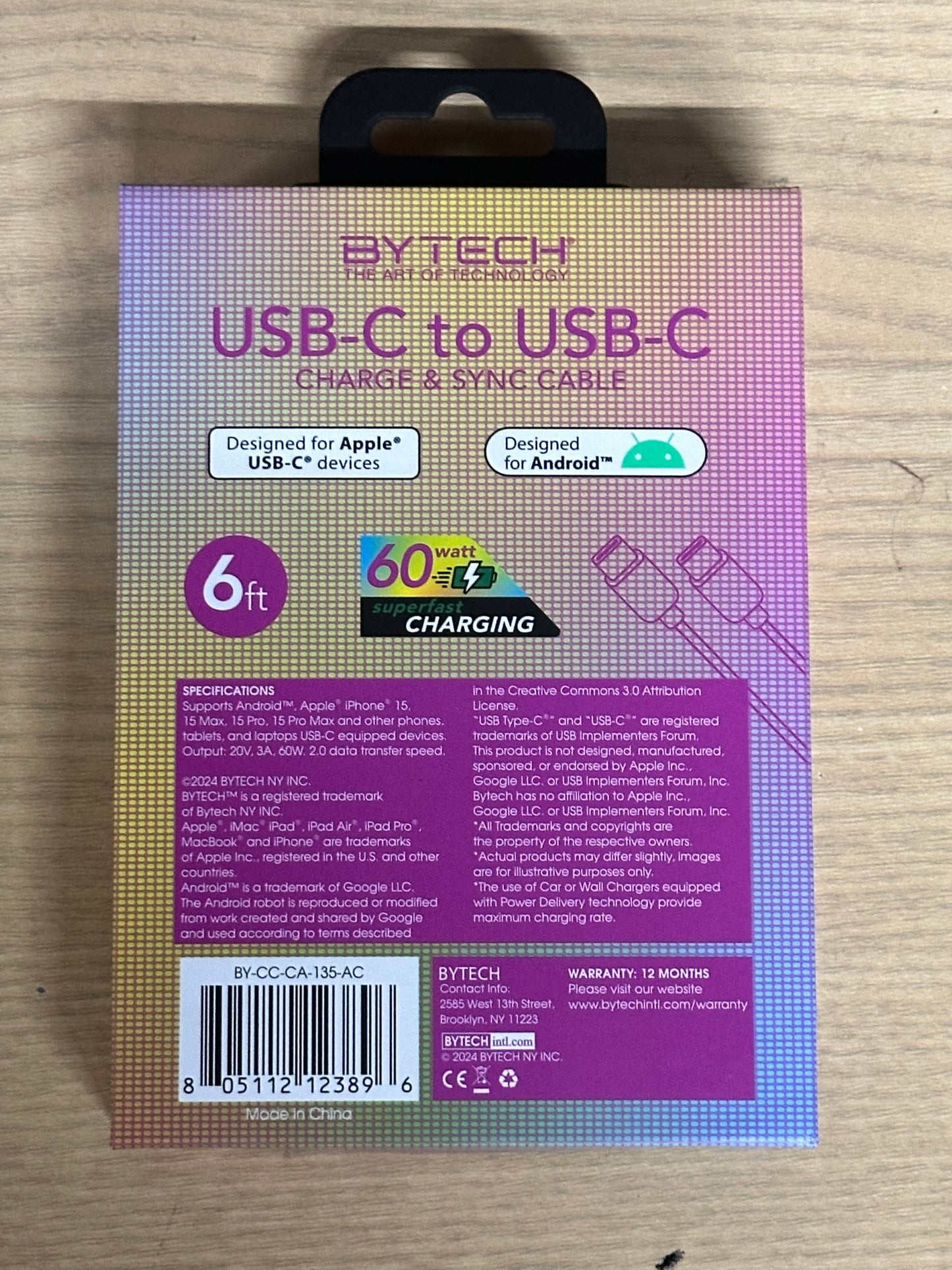 Bytech USB-A to USB-C 60W, 6 Foot Cable (Shimmery Pink)