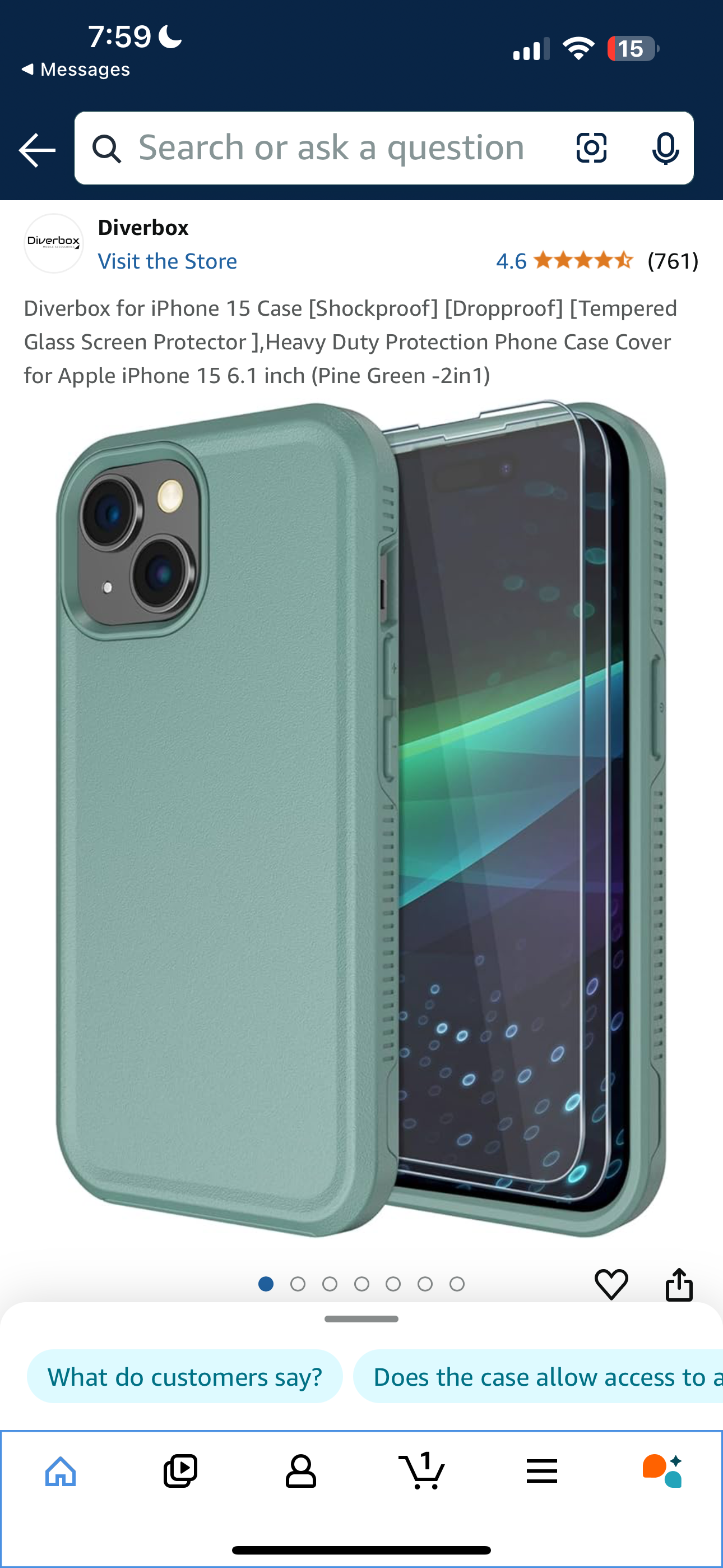 Diverbox for iPhone 15 Case [Shockproof] [Dropproof] [Tempered Glass Screen Protector ],Heavy Duty Protection Phone Case Cover for Apple iPhone 15 6.1 inch (Pine Green -2in1)