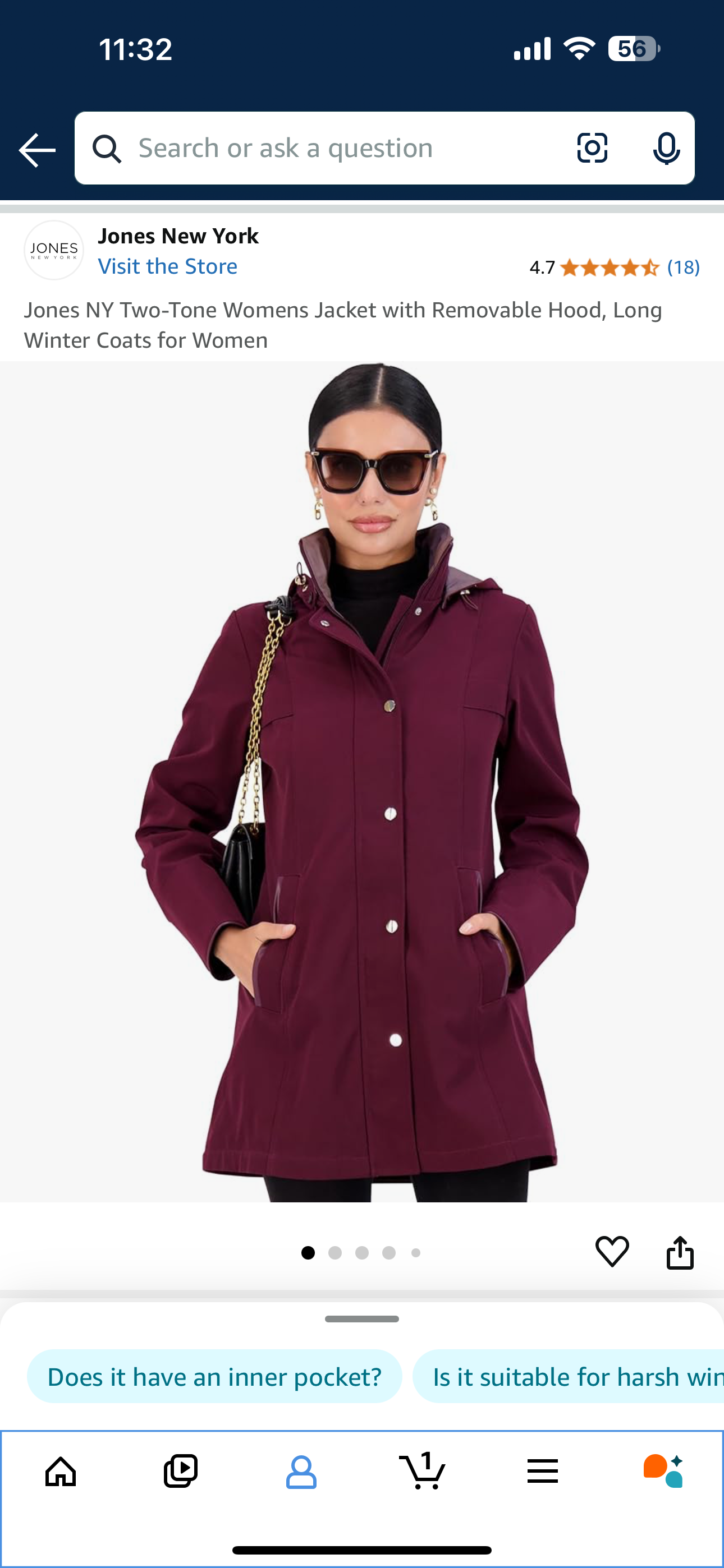 Jones NY Two-Tone Womens Jacket with Removable Hood, Long Winter Coats for Women - MEDIUM, WINE