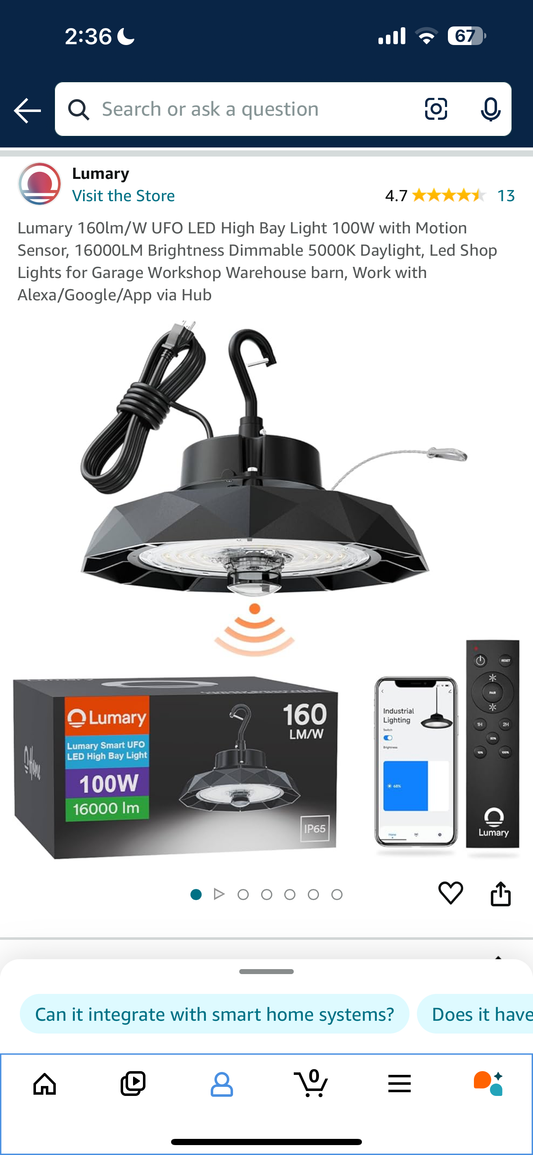 Lumary 160lm/W UFO LED High Bay Light 100W with Motion Sensor, 16000LM Brightness Dimmable 5000K Daylight, Led Shop Lights for Garage Workshop Warehouse barn, Work with Alexa/Google/App via Hub