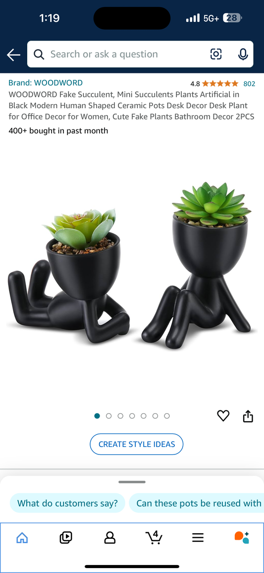 WOODWORD Fake Succulent, Mini Succulents Plants Artificial in Black Modern Human Shaped Ceramic Pots Desk Decor Desk Plant for Office Decor for Women, Cute Fake Plants Bathroom Decor 2PCS