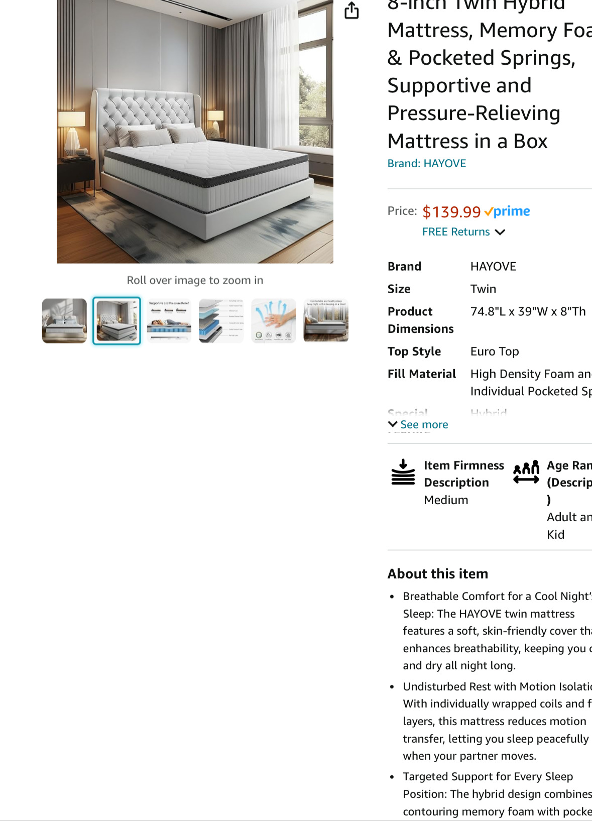 8 inch Twin Hybrid Mattress, Memory Foam & Pocketed Springs, Supportive and Pressure-Relieving Mattress in a Box