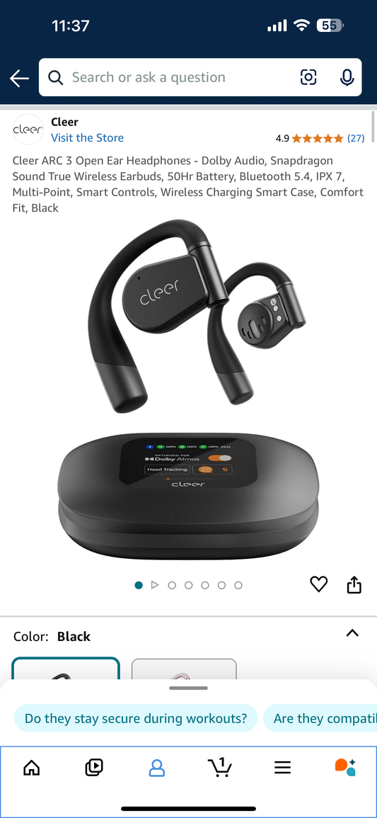 Cleer ARC 3 Open Ear Headphones - Dolby Audio, Snapdragon Sound True Wireless Earbuds, 50Hr Battery, Bluetooth 5.4, IPX 7, Multi-Point, Smart Controls, Wireless Charging Smart Case, Comfort Fit, Black