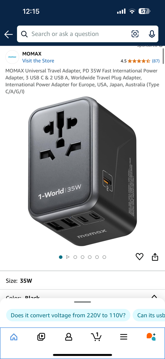 MOMAX Universal Travel Adapter, PD 35W Fast International Power Adapter, 3 USB C & 2 USB A, Worldwide Travel Plug Adapter, International Power Adapter for Europe, USA, Japan, Australia (Type C/A/G/I)