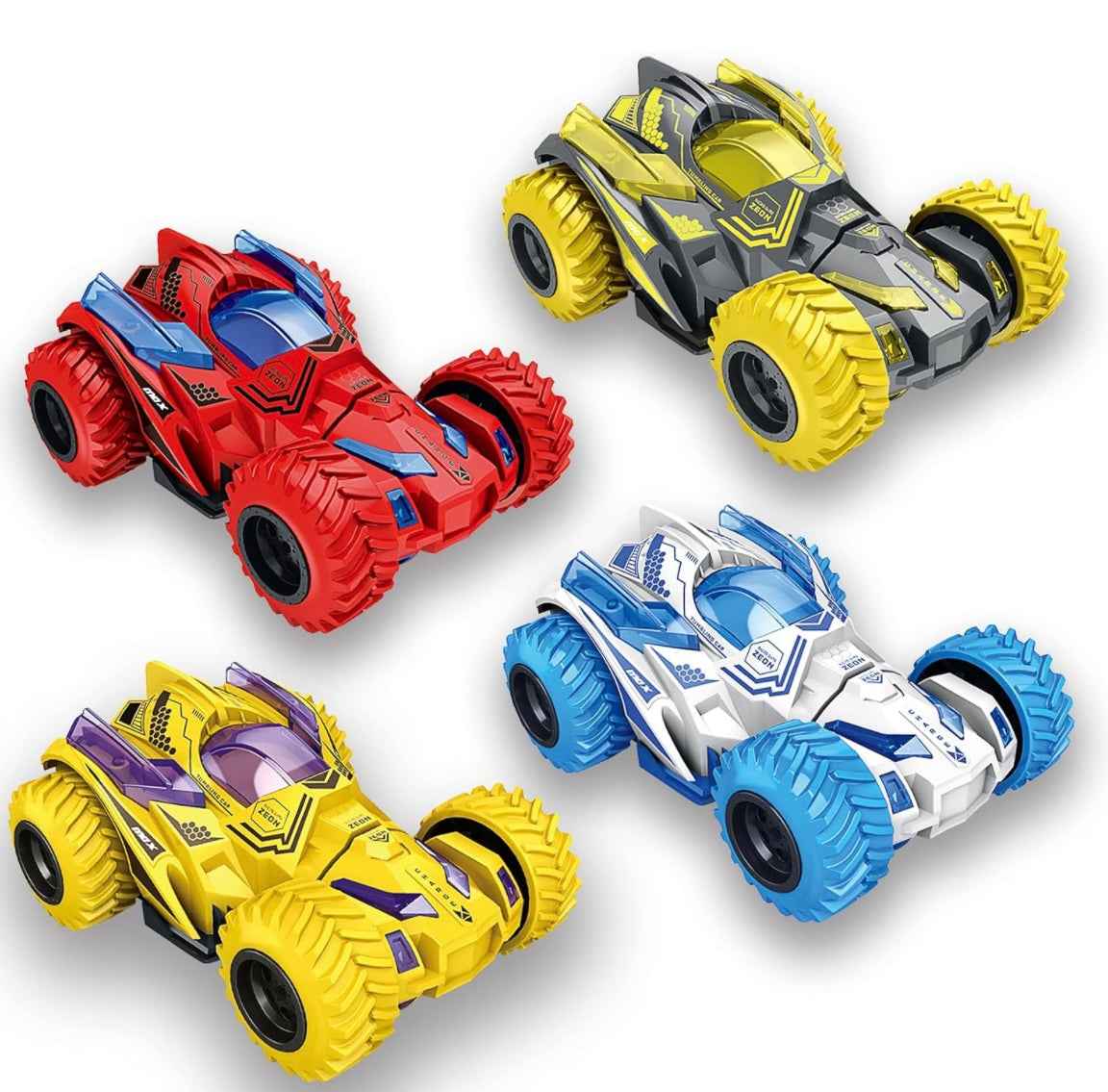 Friction Stunt Cars with 360 Rotating Front Wheels - 4 Differently Colored Hand Held Push-Powered Stunt Cars