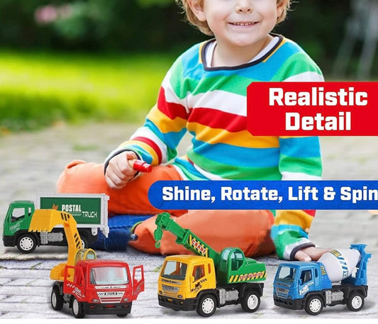 6 Pack Pullback City Builder Toy Construction Play Vehicles for Kids - Dump Truck, Cement Mixer, Garbage Truck, Excavator, Inertial Dynamics