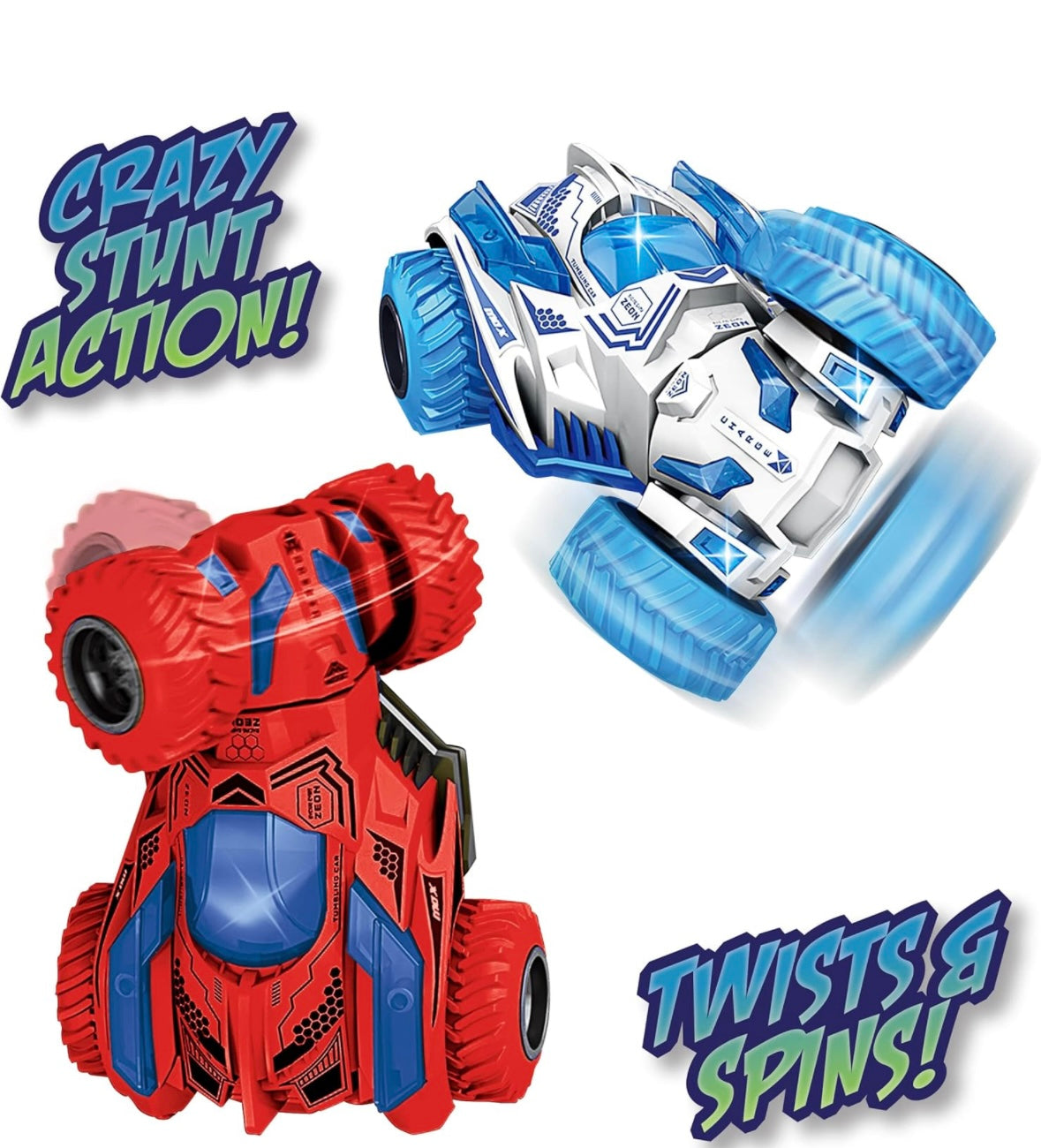 Friction Stunt Cars with 360 Rotating Front Wheels - 4 Differently Colored Hand Held Push-Powered Stunt Cars