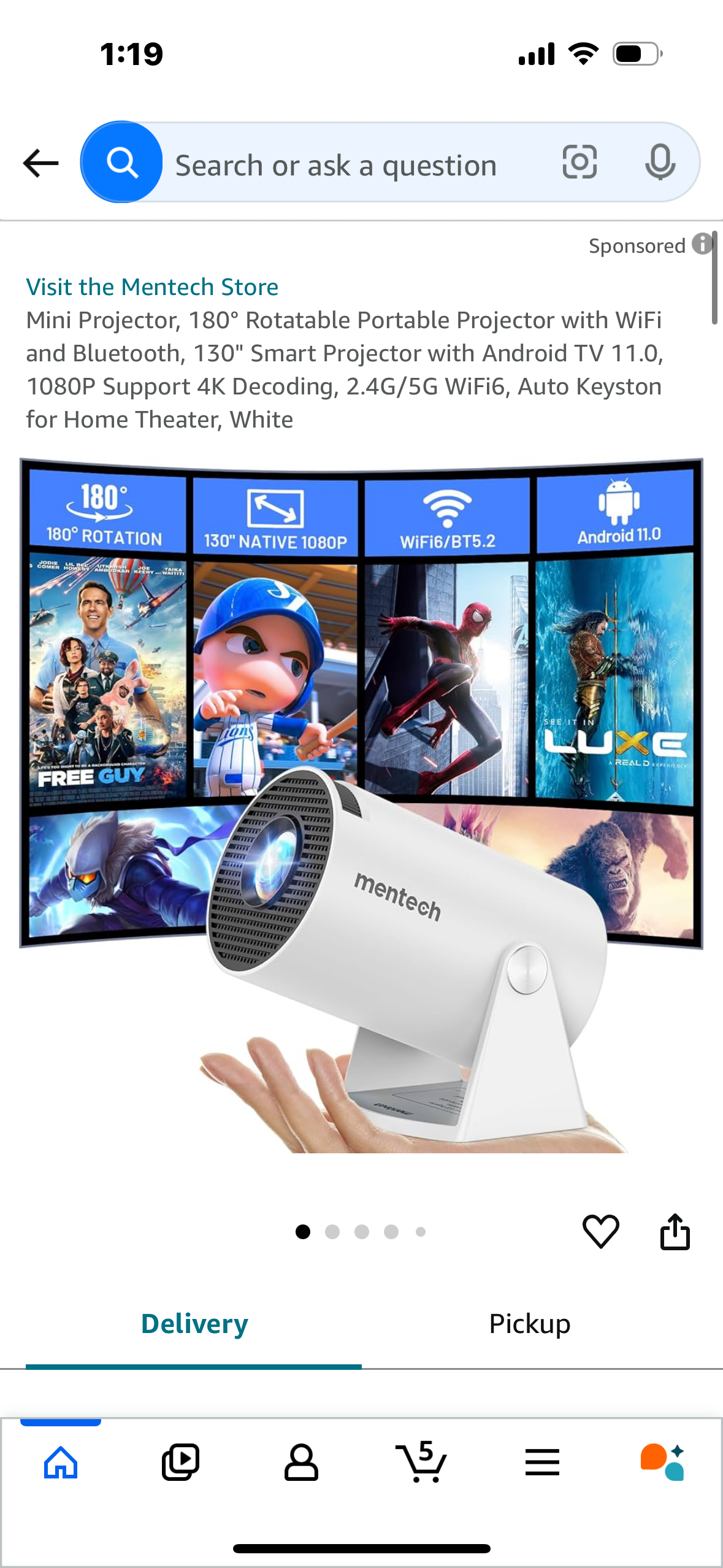 Mini Projector, 180° Rotatable Portable Projector with WiFi and Bluetooth, 130" Smart Projector with Android TV 11.0, 1080P Support 4K Decoding, 2.4G/5G WiFi6, Auto Keyston for Home Theater, White